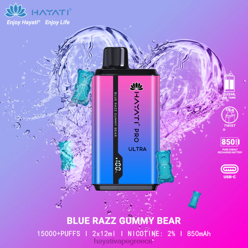 Hayati Pro Ultra μιας χρήσης 15000 τζούρες γαλάζιο αρκουδάκι razz F402H194 Hayati Vape Flavours